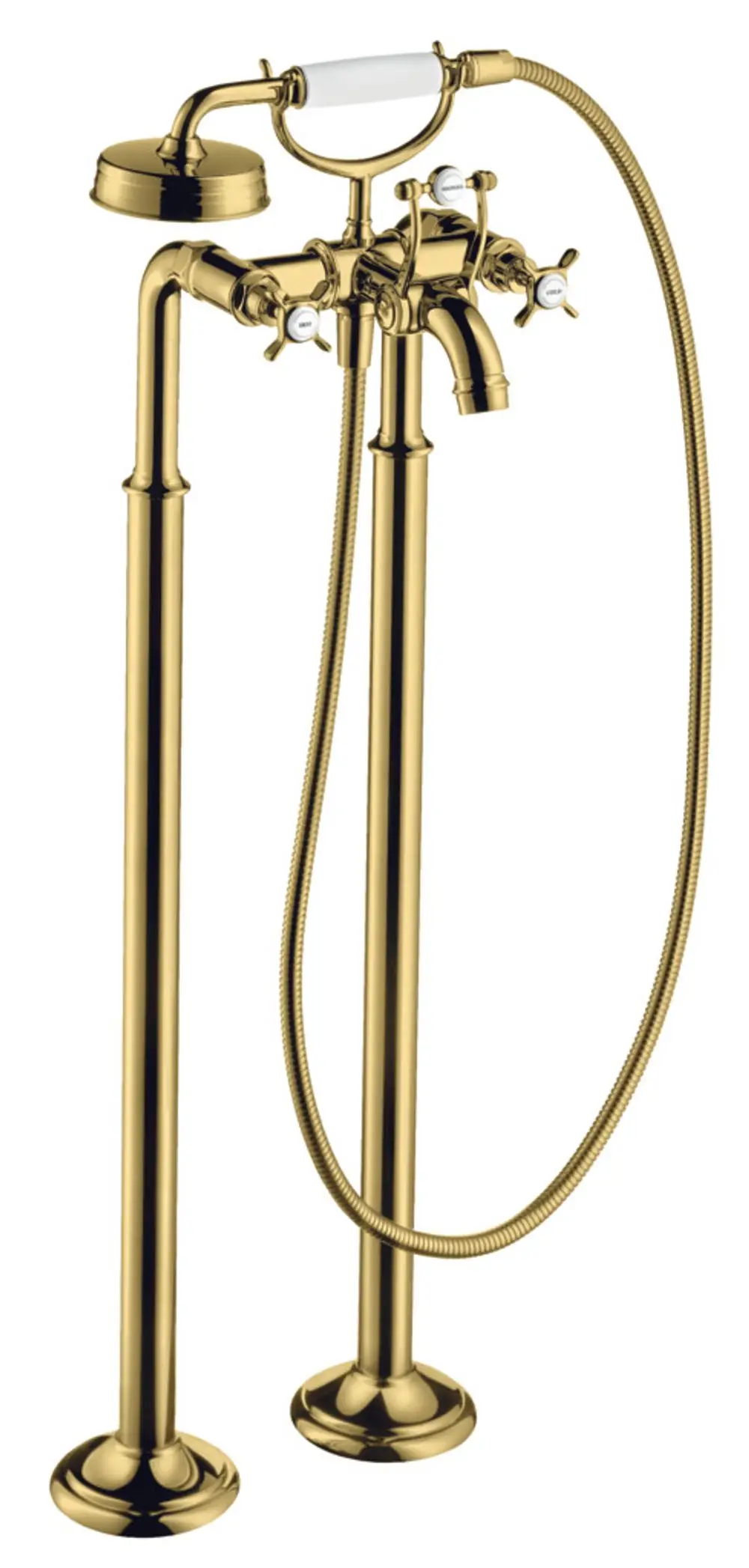 Bodenstehende Armatur mit zwei Kreuzgriffen in poliertem Gold von AXOR. Der Wasserhahn hat einen Auslauf und einen Handbrauseanschluss.